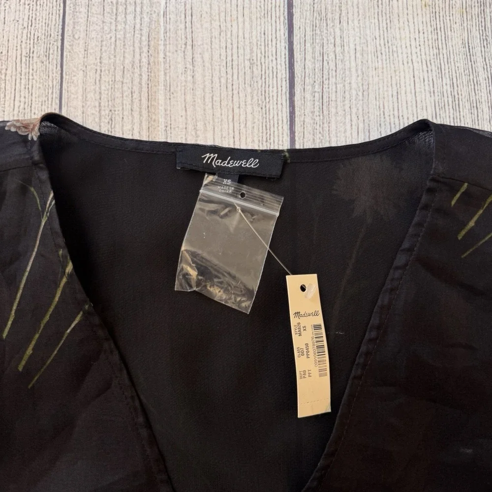 Madewell Silk Organza Puff-Sleeve Wrap Top Aster Portrait Black Women Size XS